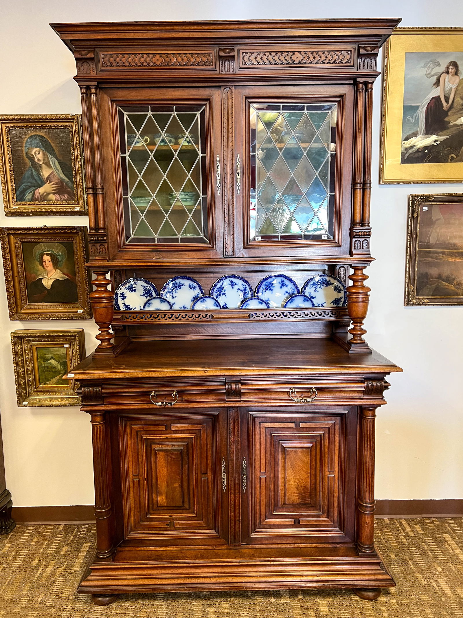 Fancy German Step Back 2-part Cupboard with Leaded Glass (1 of 12)