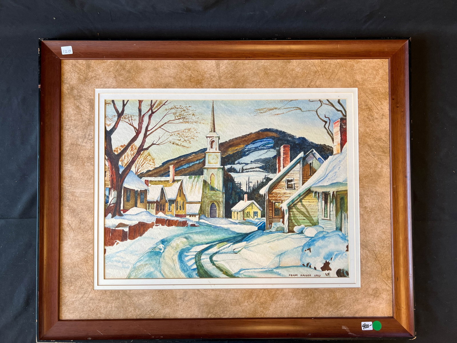 F. Frank Kaiser 1953 Original Watercolor: An original watercolor painting depicting a winter scene of a New England village which conveys the cold of the winter to the viewer. The use of the color blue on the snow helps to create this feeling