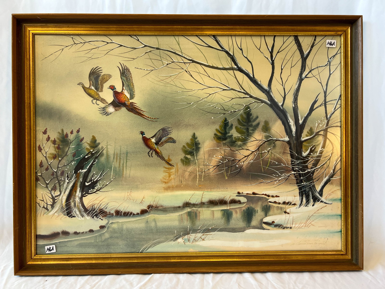 Clarence Boyce Morgan watercolor and goache "Winter Wood": A Clarence Boyce Morgan watercolor and goache called "Winter Wood" depicting winter scene with pheasants on pond. It measures 30 1/2 in long by 22 1/2 in tall.