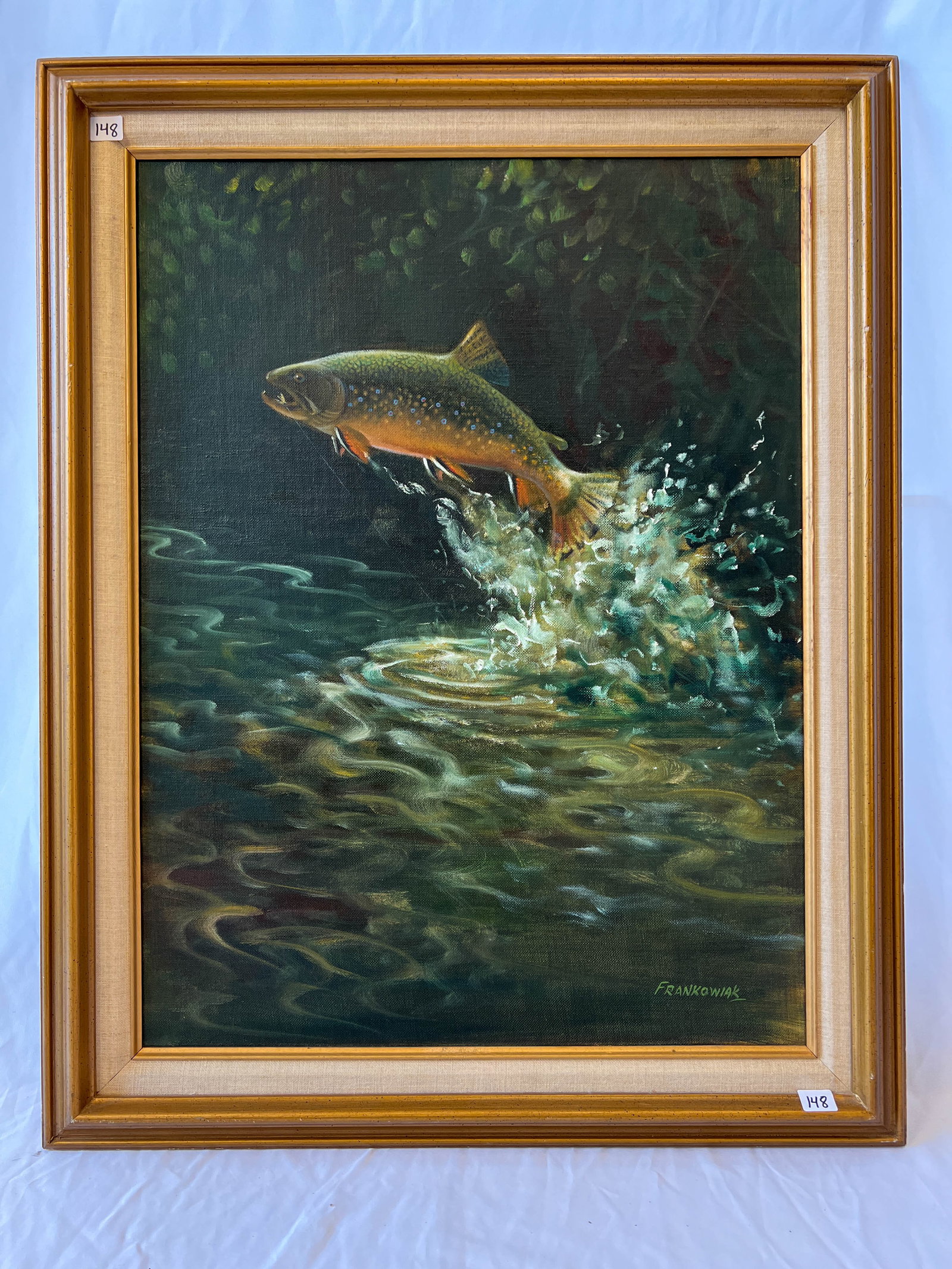 Original Frankowiak Oil on canvas board of a trout: Original Frankowiak Oil on canvas board of a trout with quality framed, matted, and has a receipt on the back. By a Wisconsin listed artist. In excellent condition. It measures 22 7/8 in across by 29 