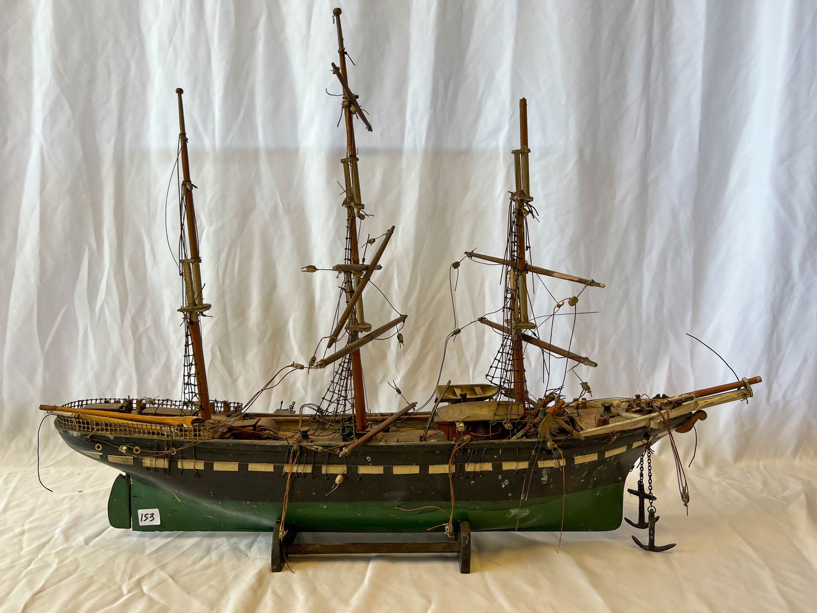 A folkart hand made frigate boat 1890-1900: A folkart hand made frigate boat from 1890s-1900s. Full restoration needed to sails.This is a three mass frigate and all parts appear to be there except for the rigging. Original paint, and original s