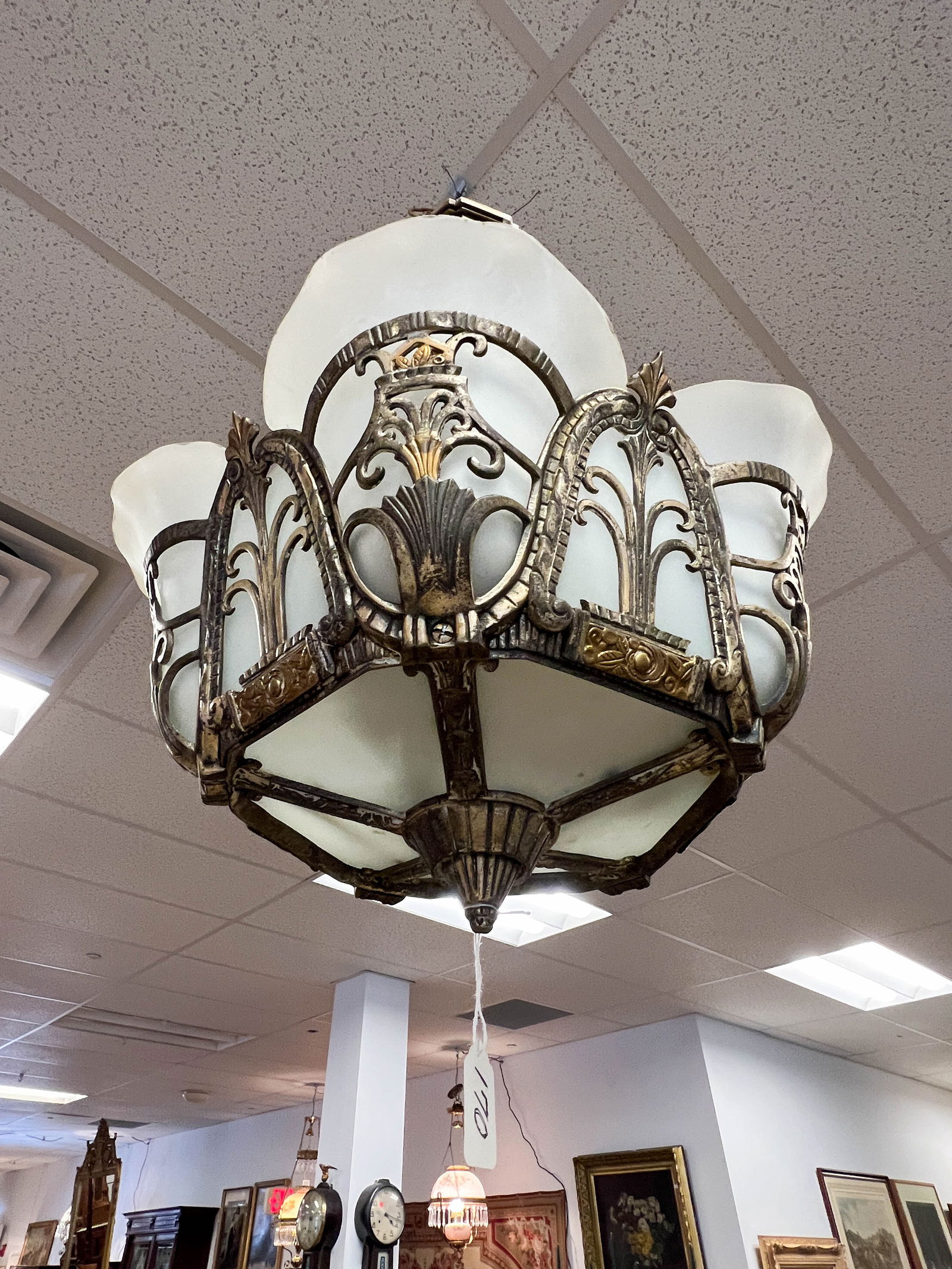 American Art Deco chandelier with frosted slip shades and elaborate filigreed exterior (1 of 8)