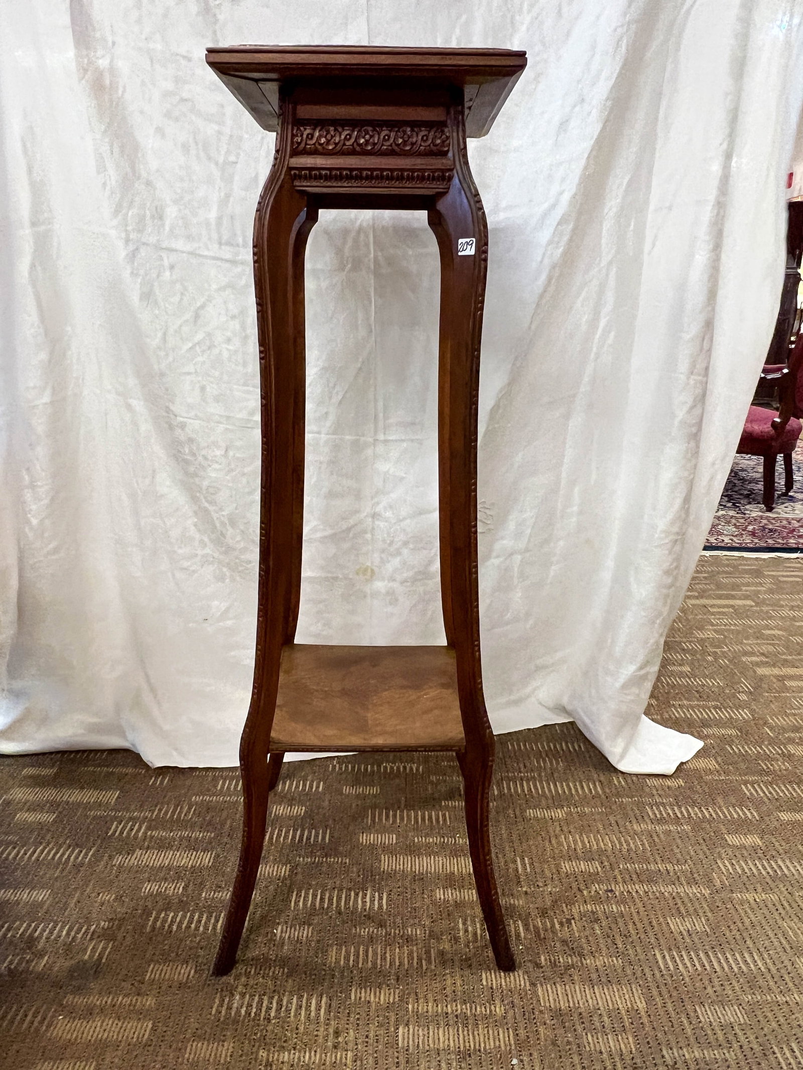 Press carved mahogany plant stand with marble top book matched shelf (1 of 3)