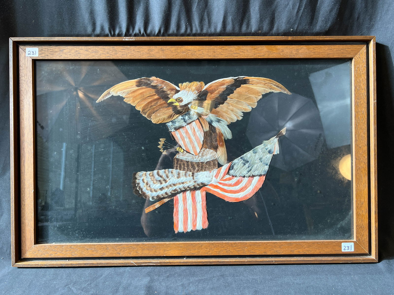 Early folk art American eagle with flag holding a quiver of arrows with shield. (This piece is made (1 of 3)