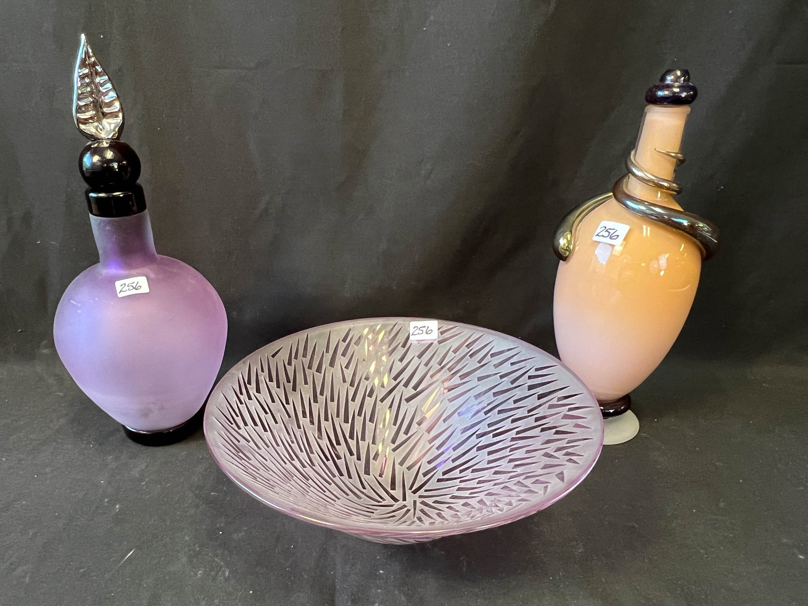 Three pieces of Contemporary art glass; 2 bottles with stoppers and layered glass, and one signed (1 of 7)