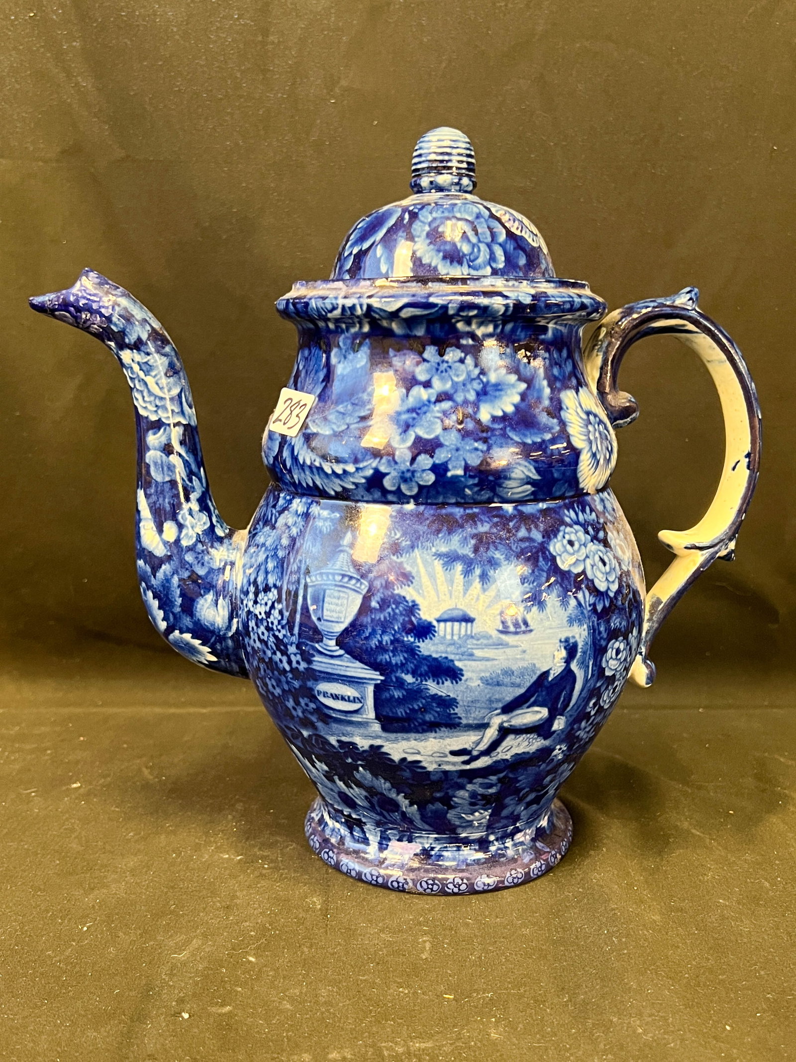 Early Flow Blue transfer tea pot commemorating the death of Benjamin Franklin (2) (1 of 2)