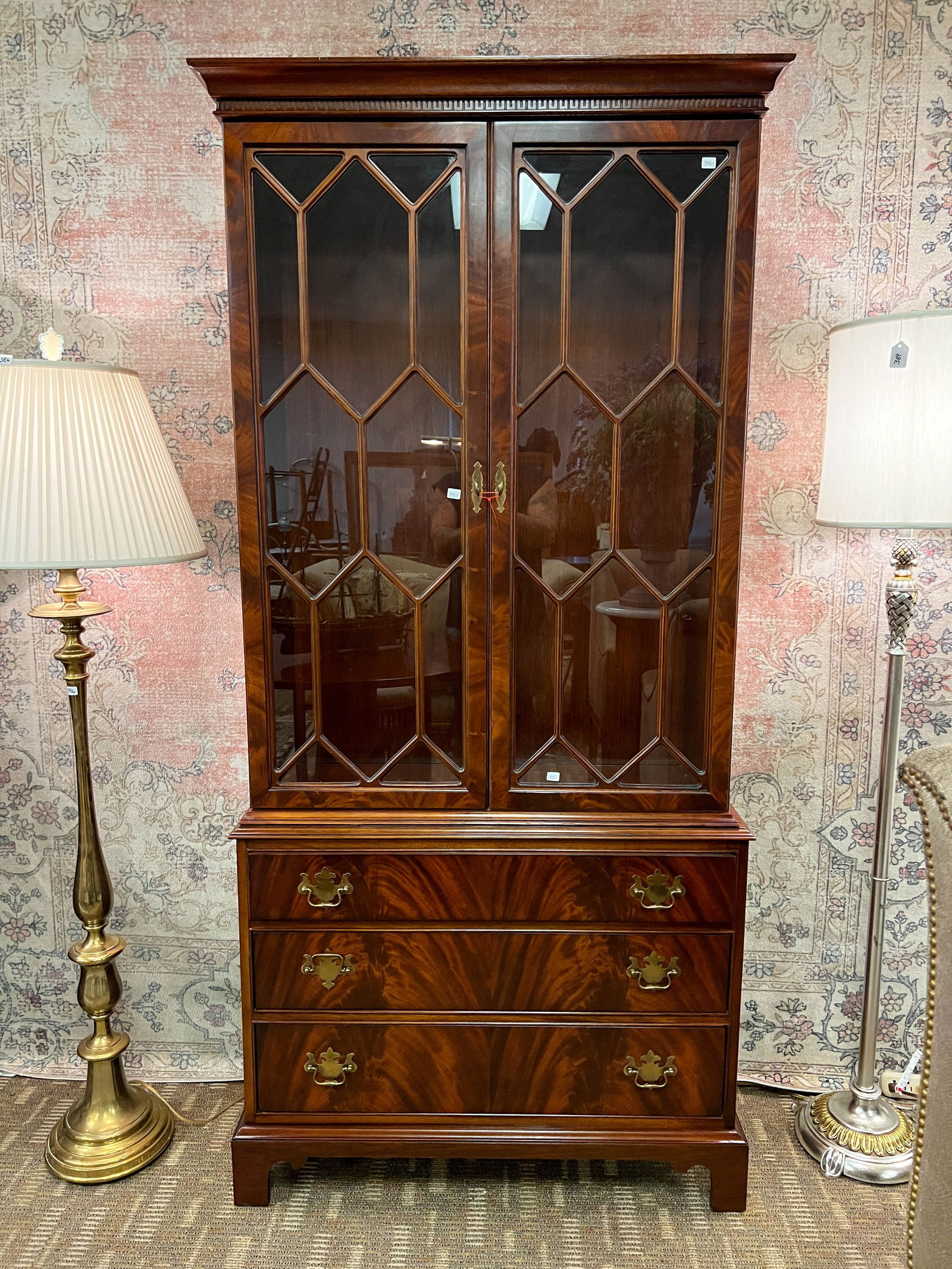 Flamed mahogany 3 drawer chest with double door bookcase top by Hickory Chair Co. (1 of 4)