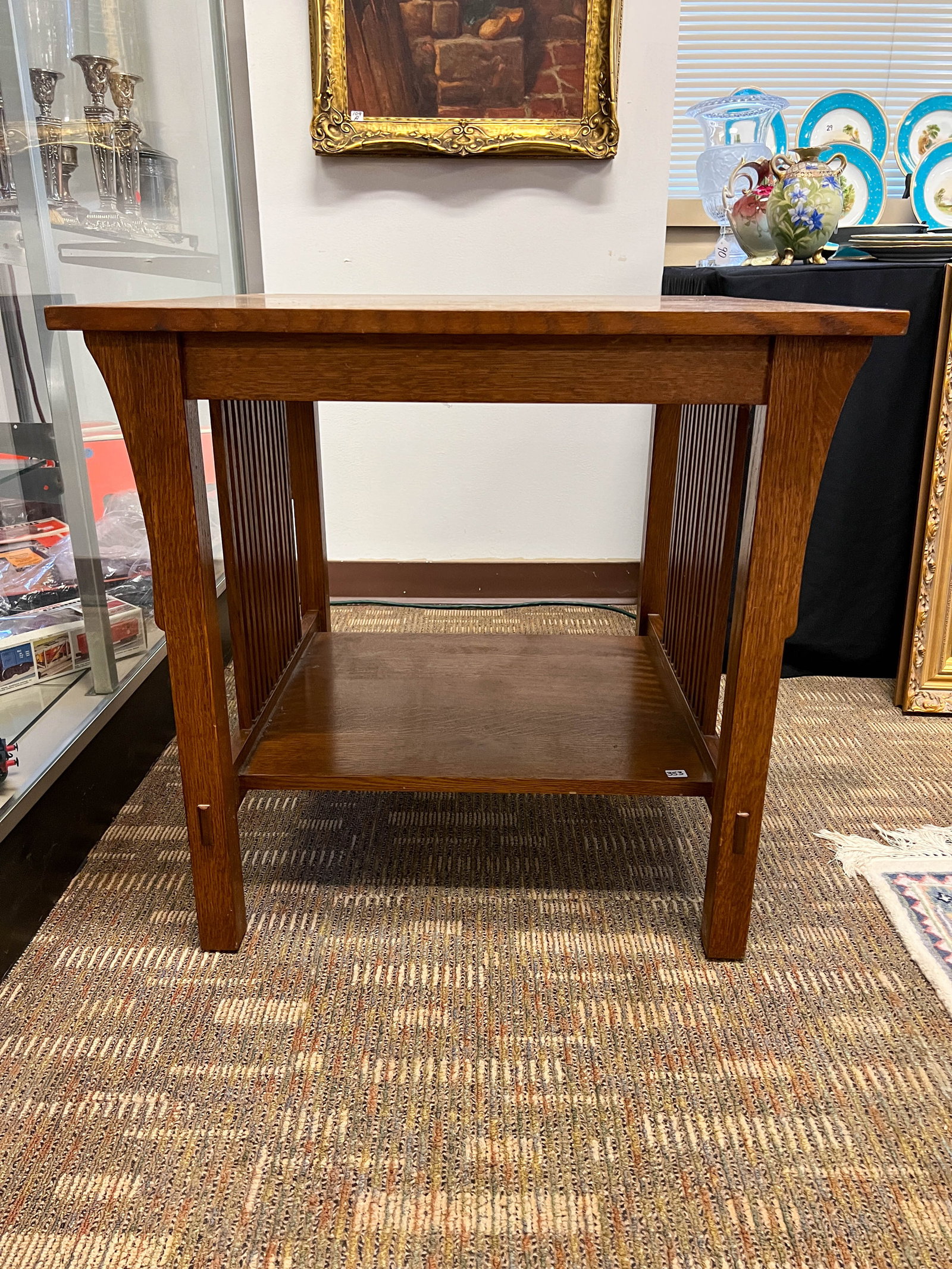 Oak mission slat side two tiered side table (1 of 3)