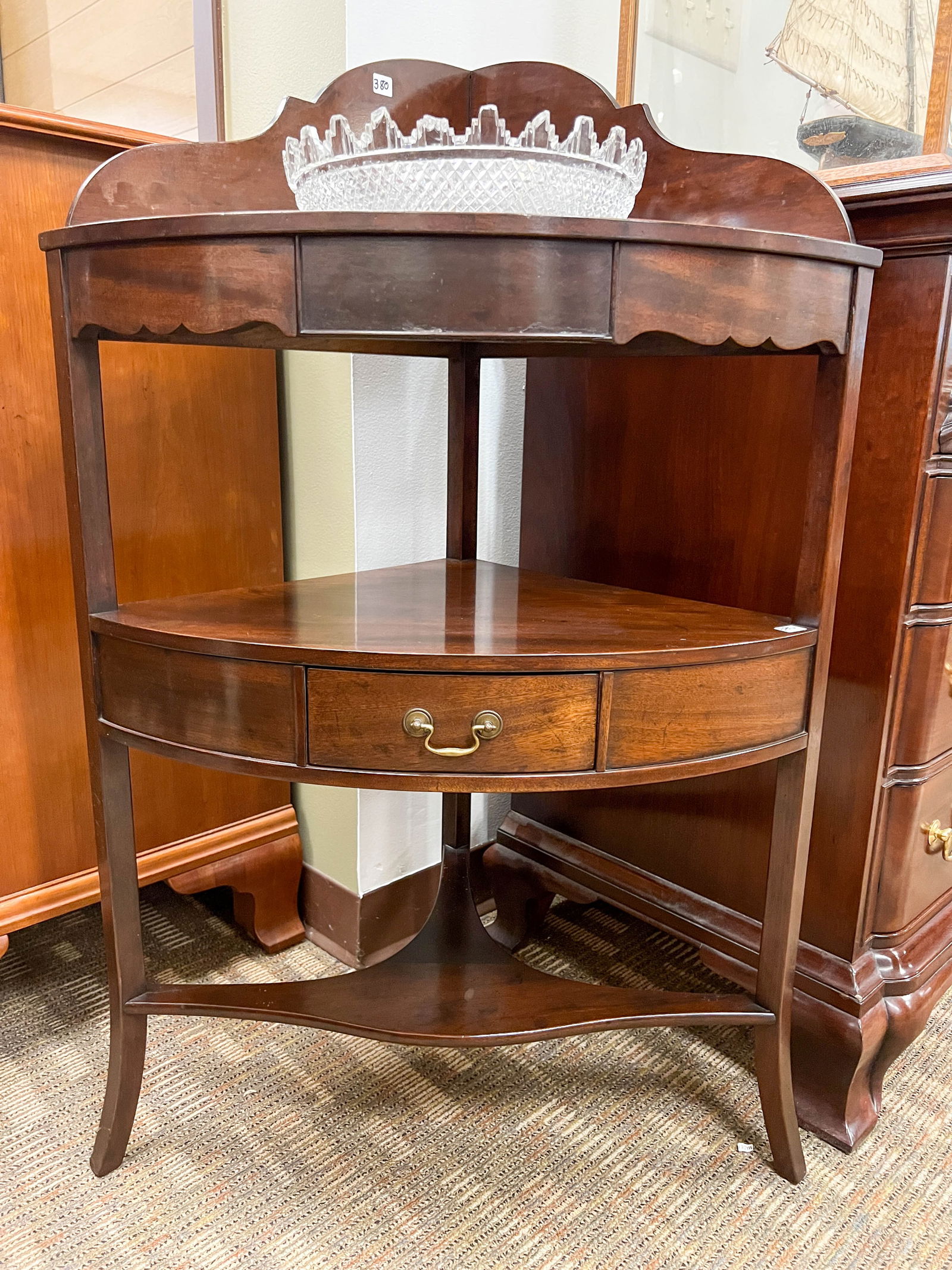 1840s 1850s corner commode: 1840s Mahogony pitcher and bowl corner covered with singe drawer with crystal bowl insert; Measures 41"T x 17.5"D