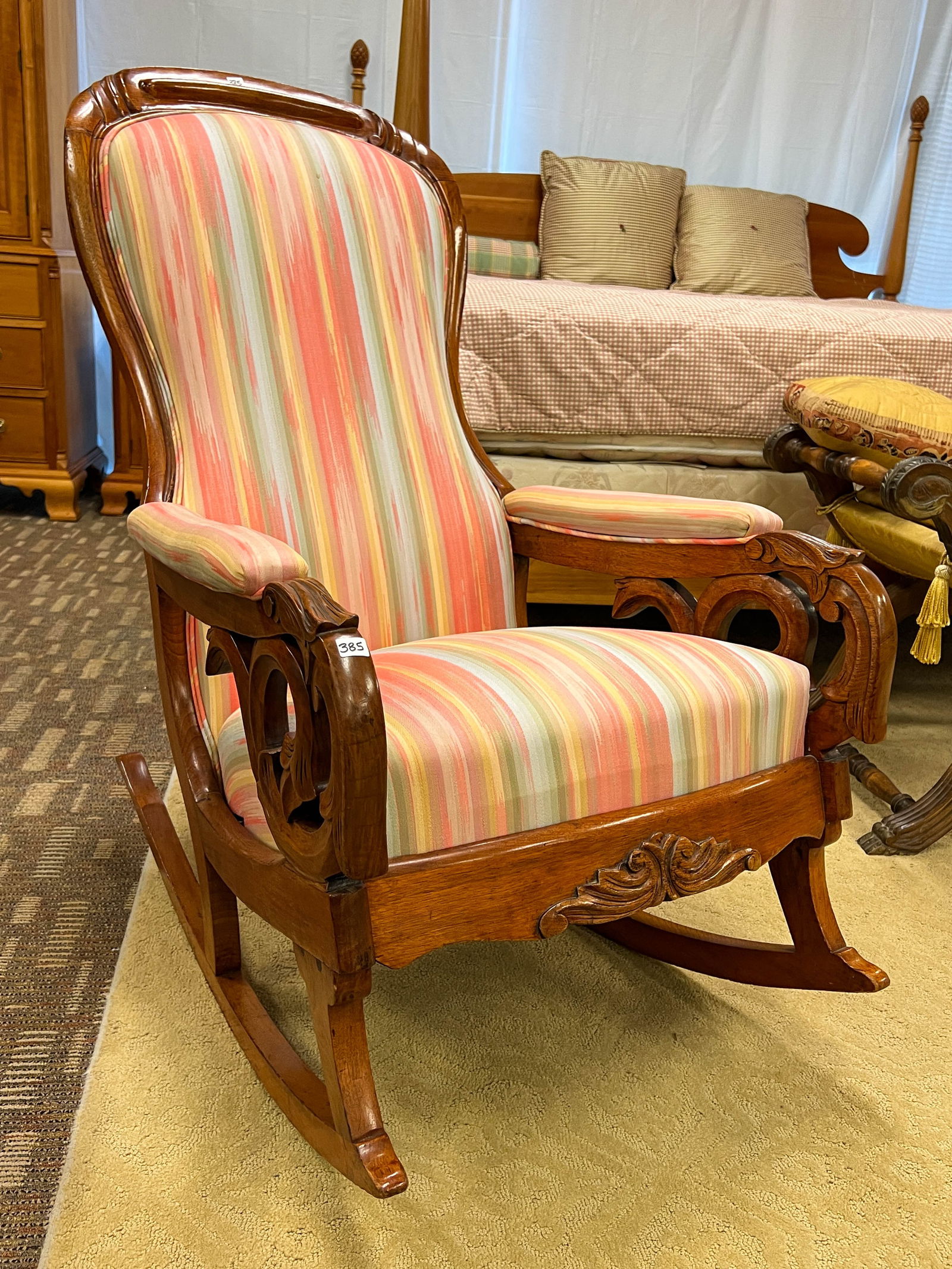 Walnut pierced carved Lincoln rocker with scroll work. House ready condition and newly reupholstered (1 of 8)