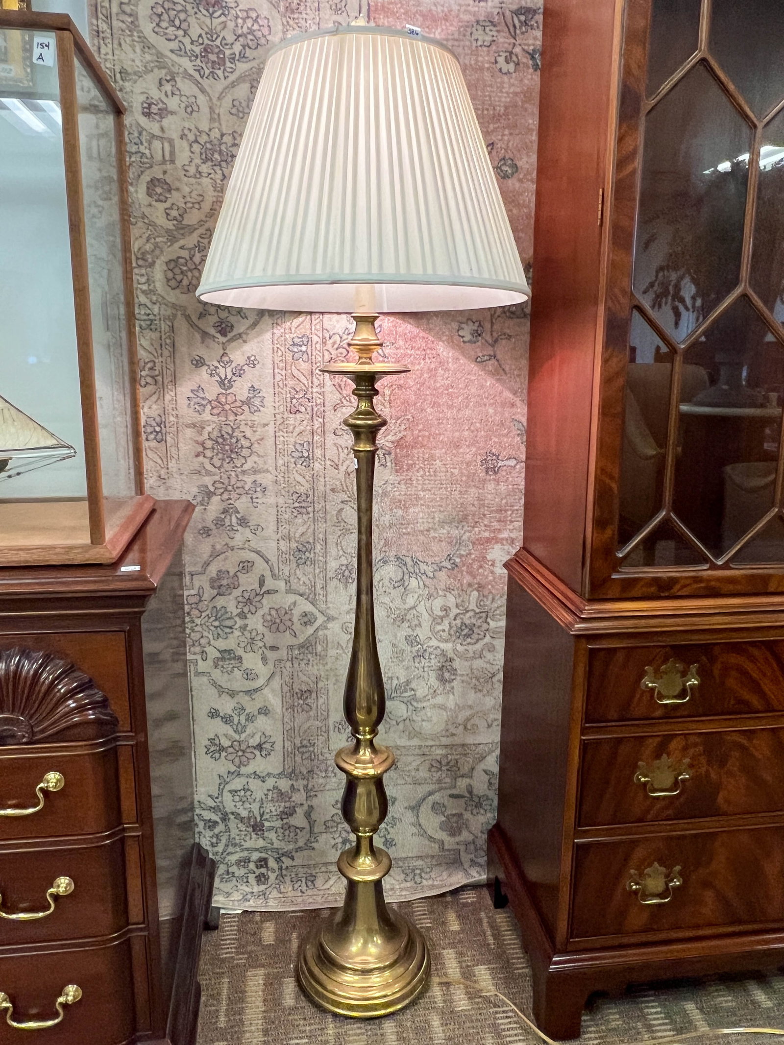 Solid brass 1920's - 1930's standing floor lamp with silk shade. It has been newly rewired and in (1 of 4)