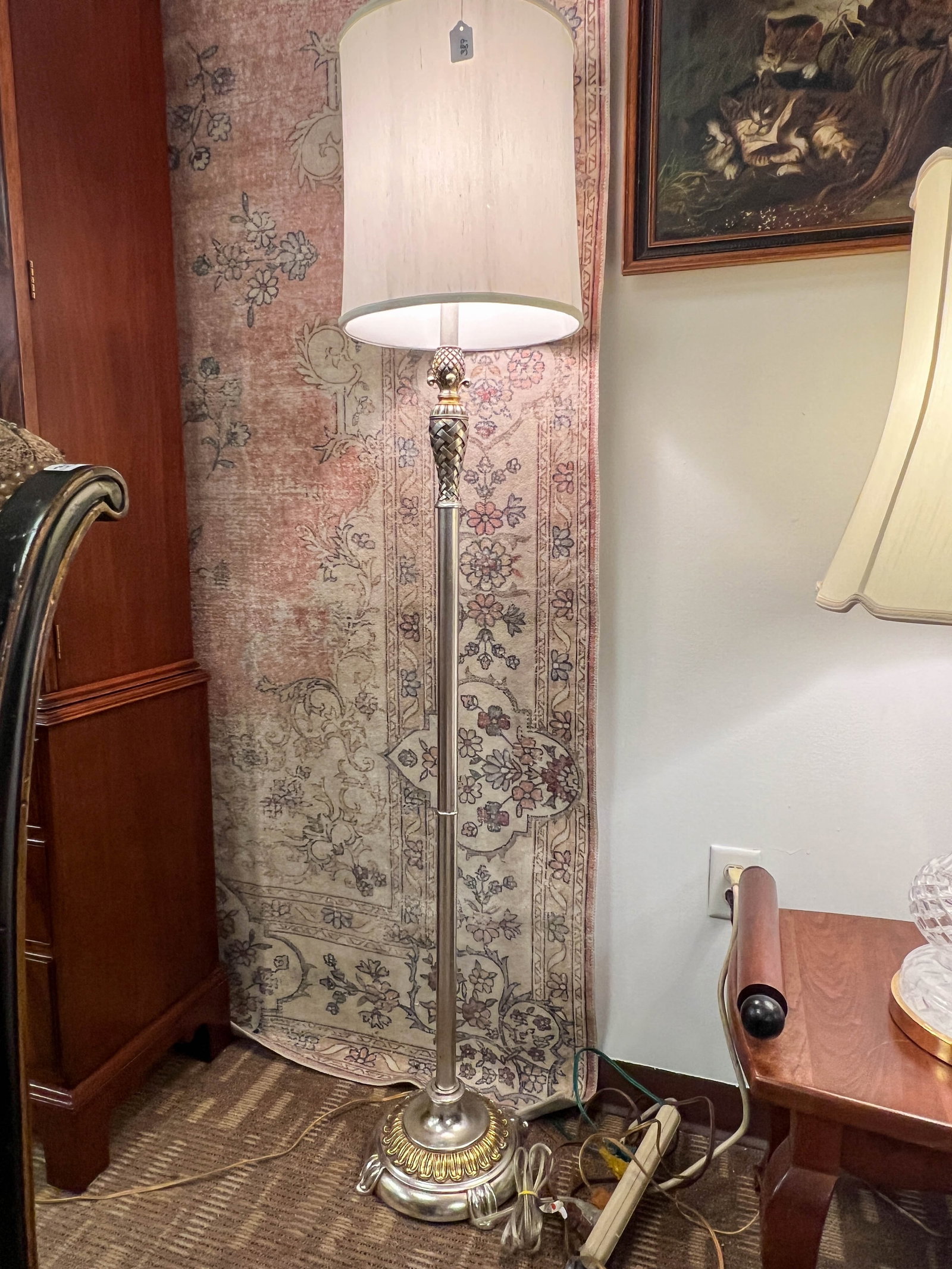 Contemporary silver floor standing lamp with basket decoration. It measures 65"T (1 of 5)