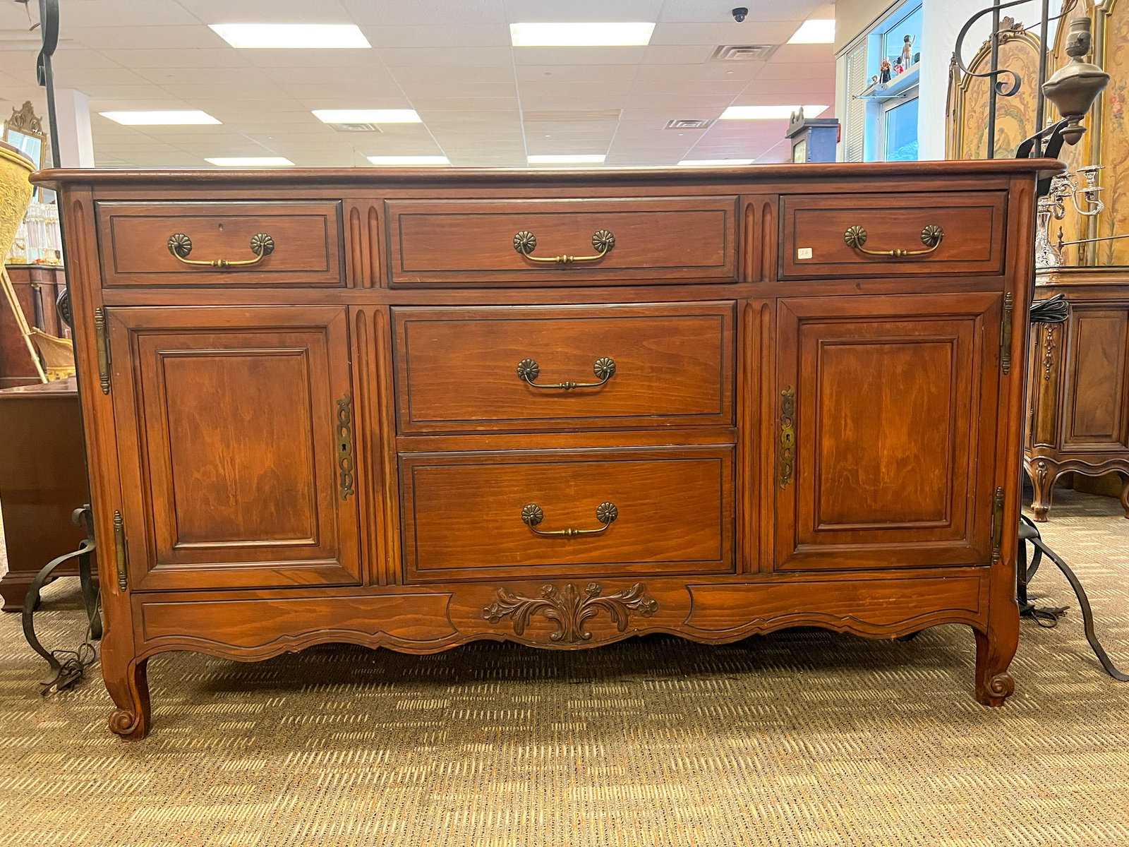 French country 5 drawer buffet with compartment doors. It measures 31 in tall by 67 in long by 22 in (1 of 4)