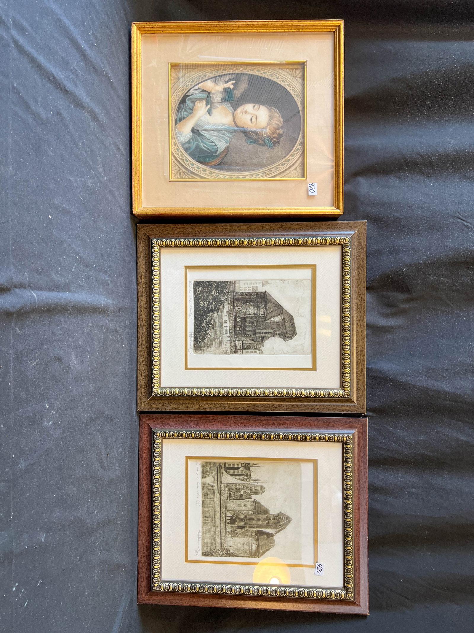 3 frame steel engraving one with a French maiden hand colored 2 additional of buildings (1 of 13)