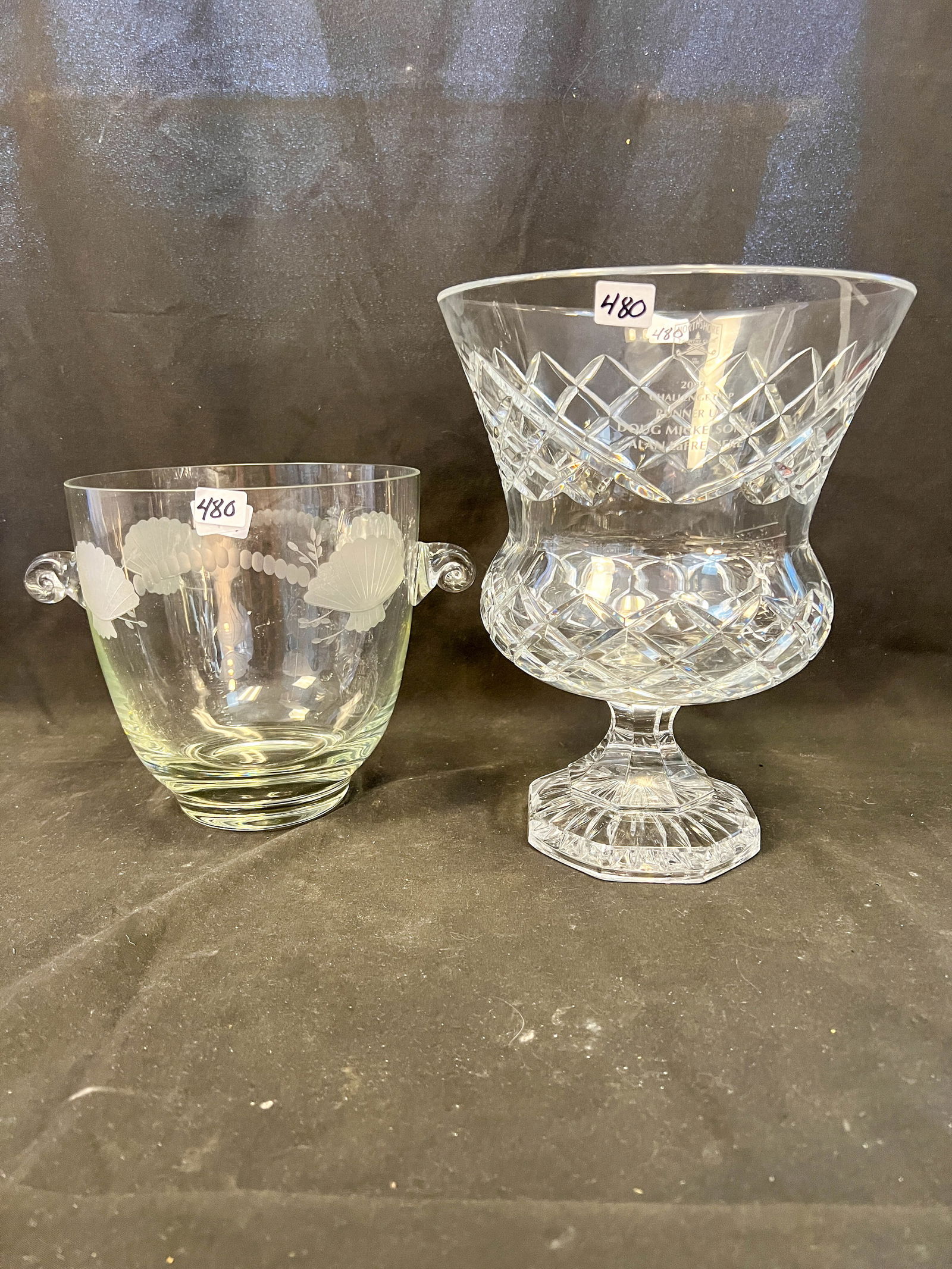 Monumental Waterford vase with inscription; along with a possibly Orrefors vase with a cut crystal: Monumental Waterford vase with inscription; along with a possibly Orrefors vase with a cut crystal handle