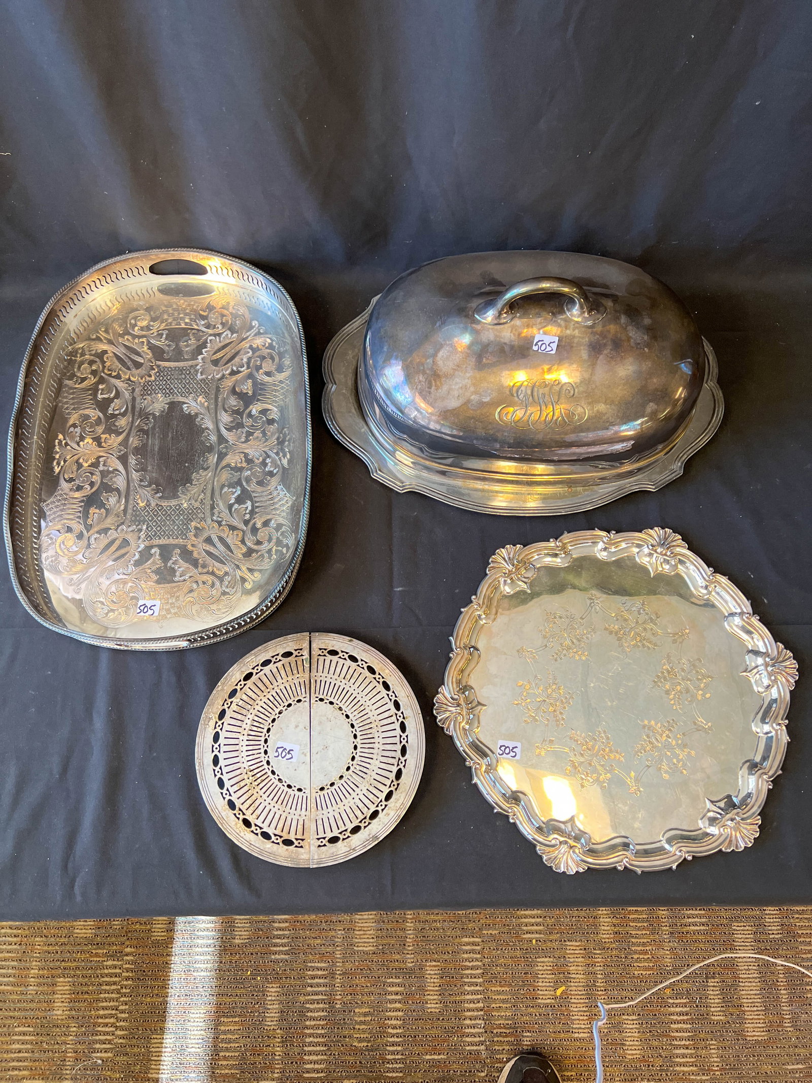 Silver plate handled dome covered serving tray, a pierced handled serving tray, a Chippendale (1 of 6)