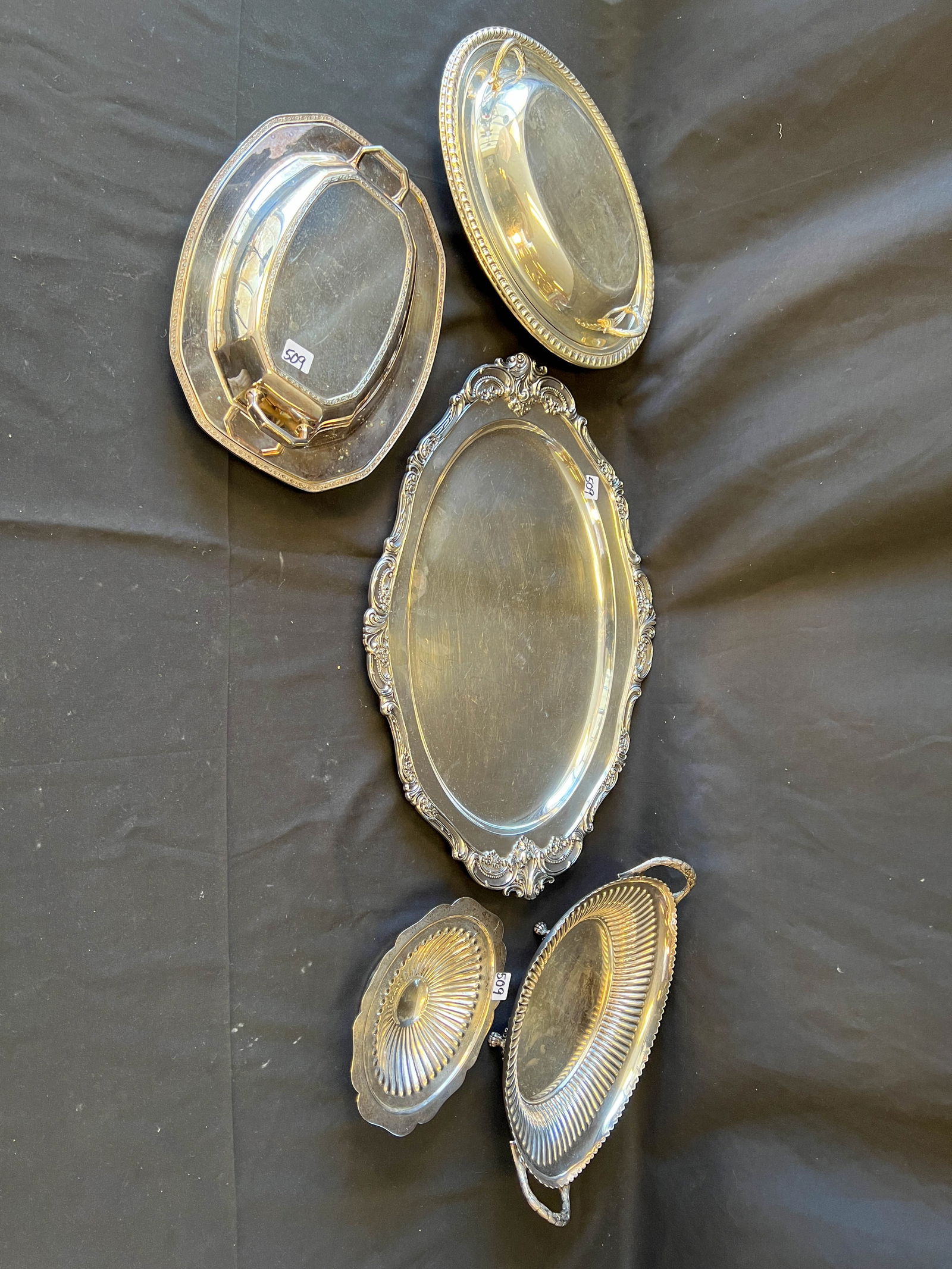 Elaborate floral decorated oblong silver plate serving tray; along with a Walker and Hall Sheffield (1 of 4)