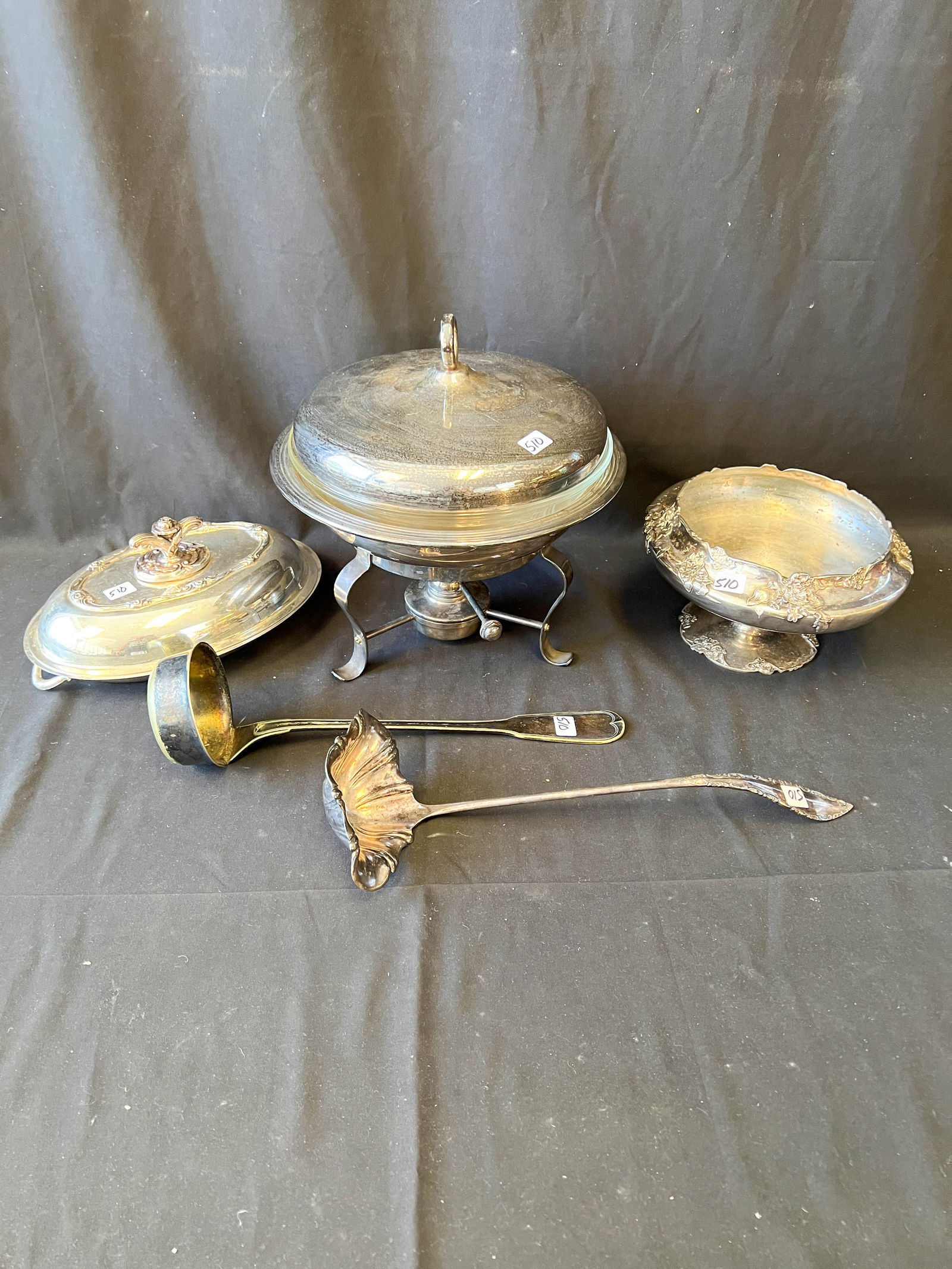 Silver plate covered and heated vegetable server, 2 Victorian ladles, and a fancy center bowl with (1 of 3)