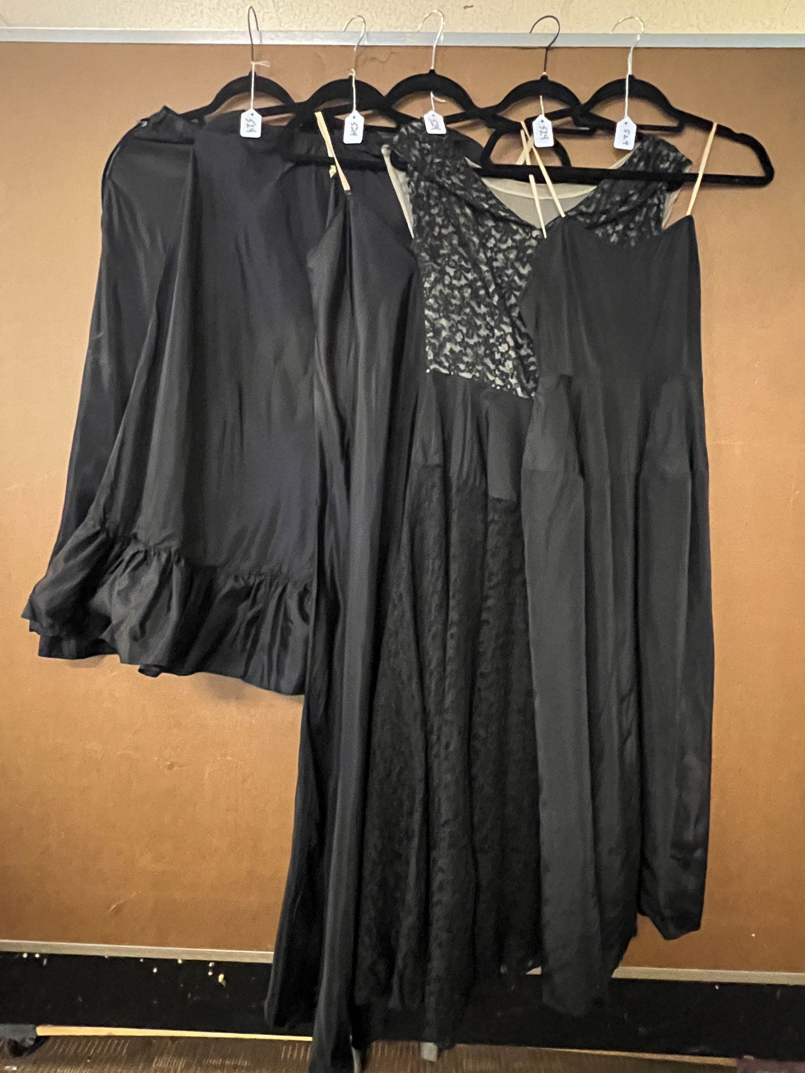 Late 1930s early 1940s black lace and satin dress along with 2 black full length slips and 2 black (1 of 6)