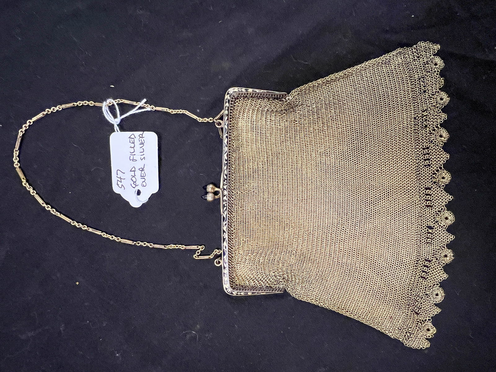 Gold filled over silver mesh purse with Sapphire clasp and enameled trim (1 of 4)