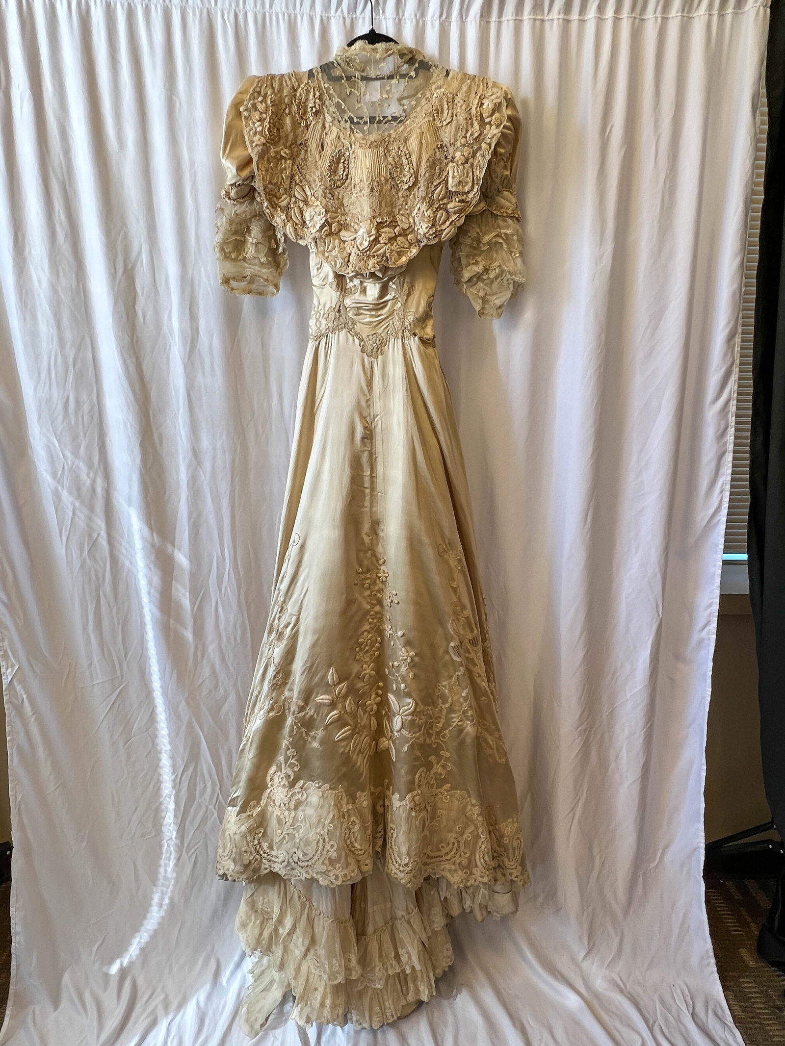 1890s Stunning very elaborate ecru colored slipper satin wedding gown.  Extremely elaborate (1 of 12)