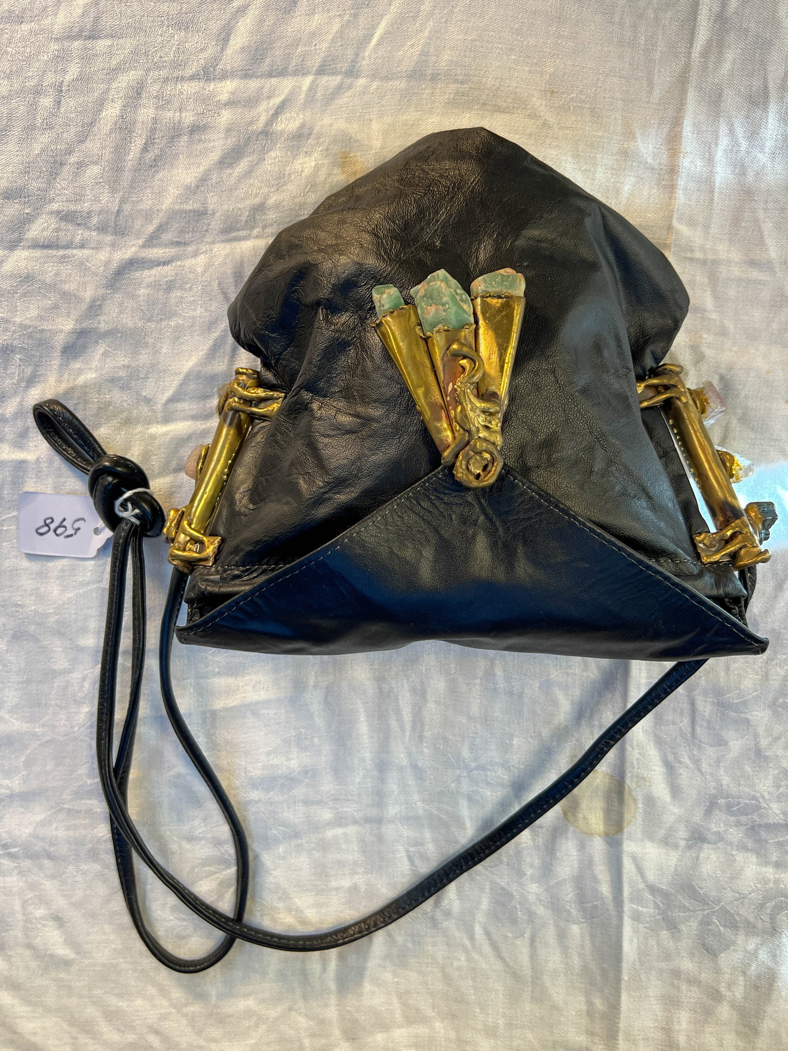 Custom made black leather brutalist purse with multi-colored stone trim set in to brass (1 of 4)