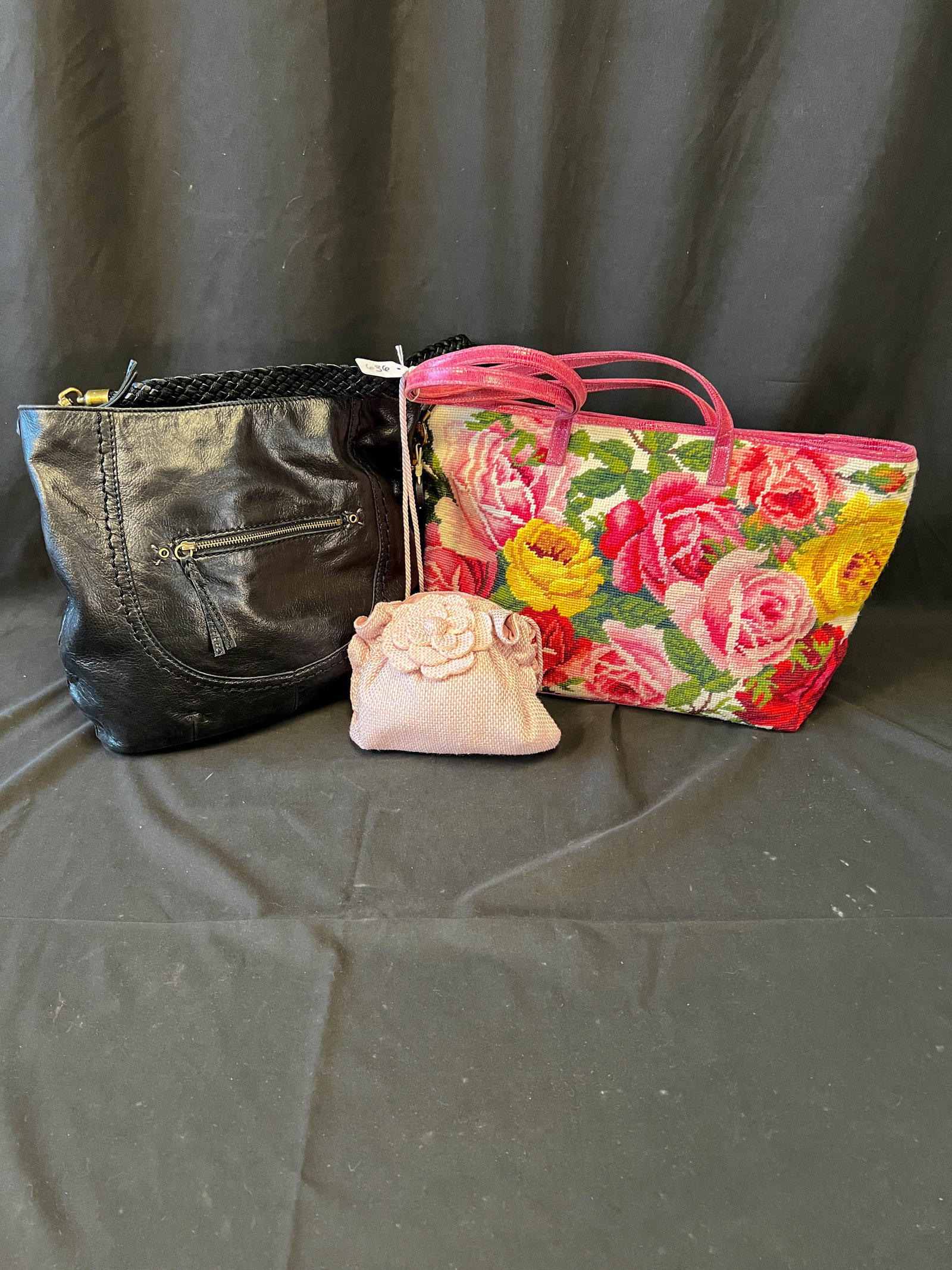 Group of designer handbags to include;  needlepoint handbag by Clever Carriage Co., black SAK (1 of 1)