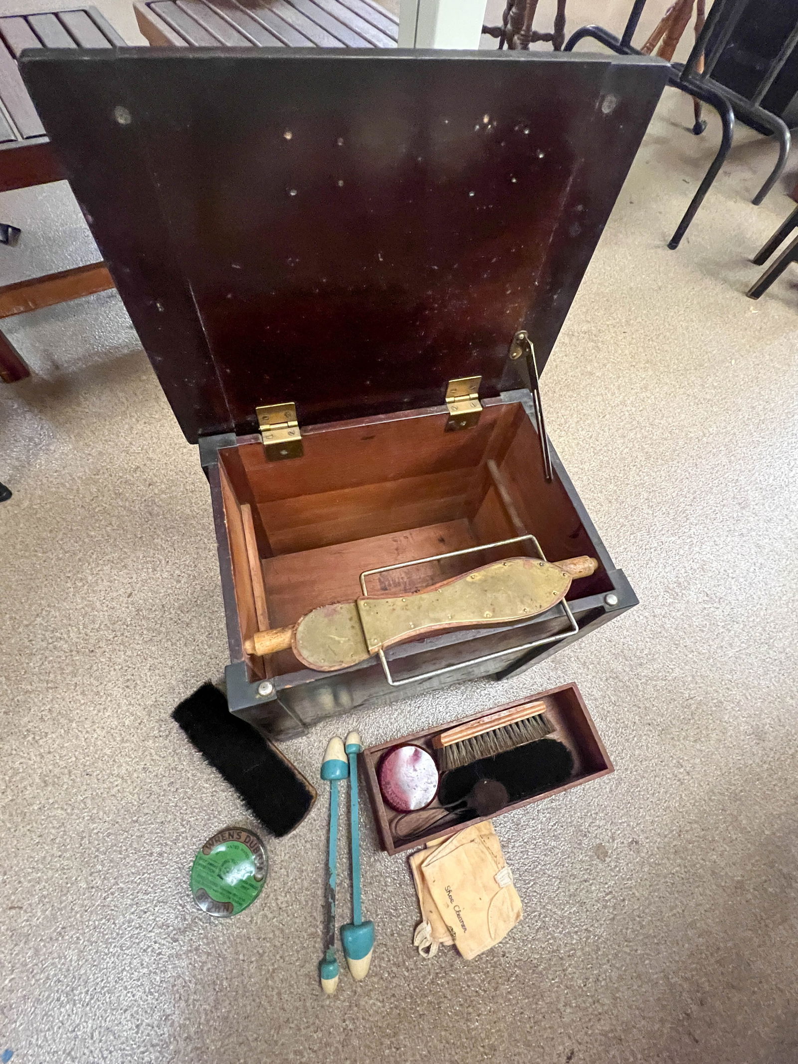 Lift top pine shoe shine kit with all of the accessories (1 of 3)