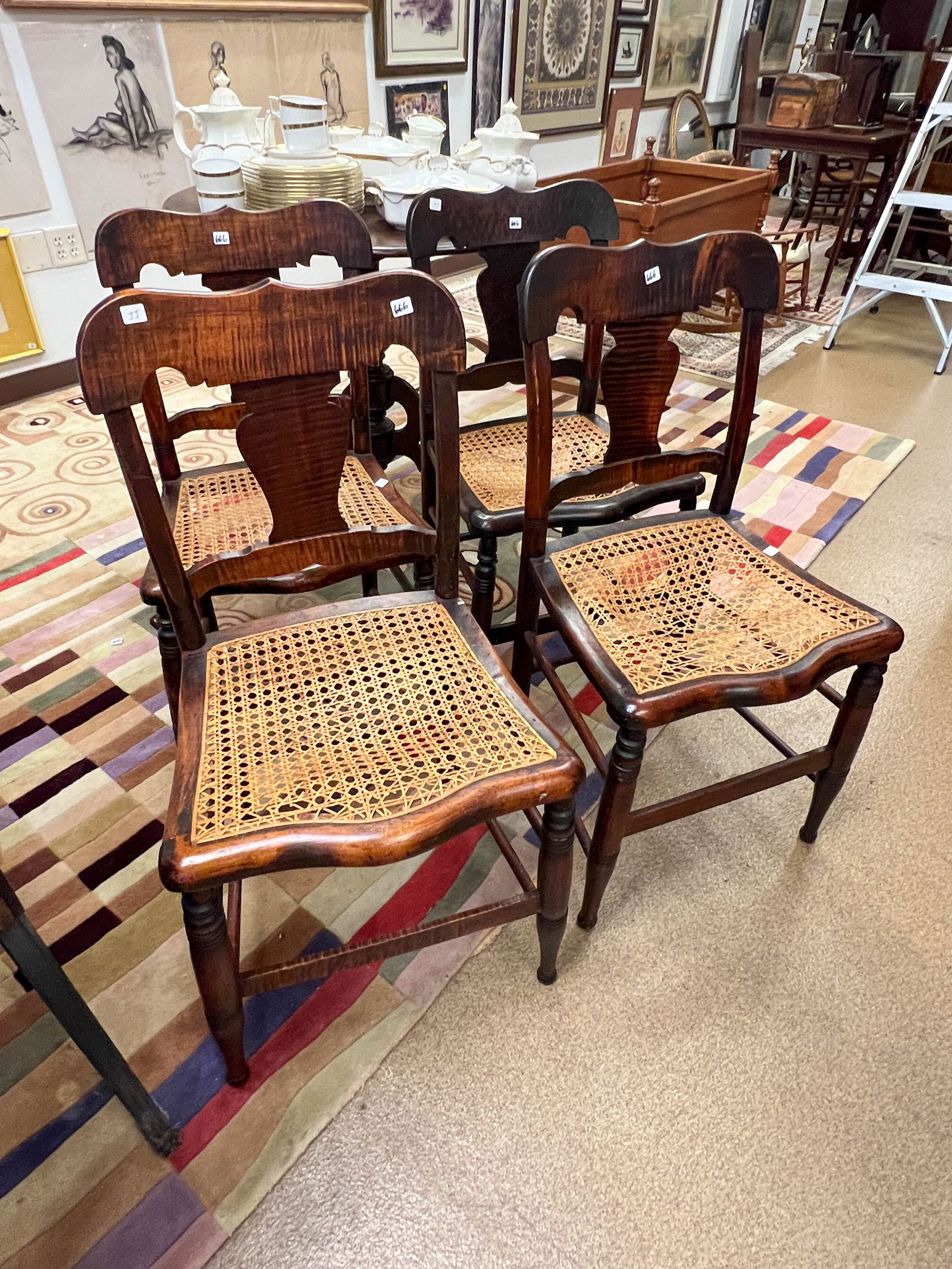 1820-1830s tiger maple dining chairs (4) Good condition except seats need to be re-caned (1 of 3)