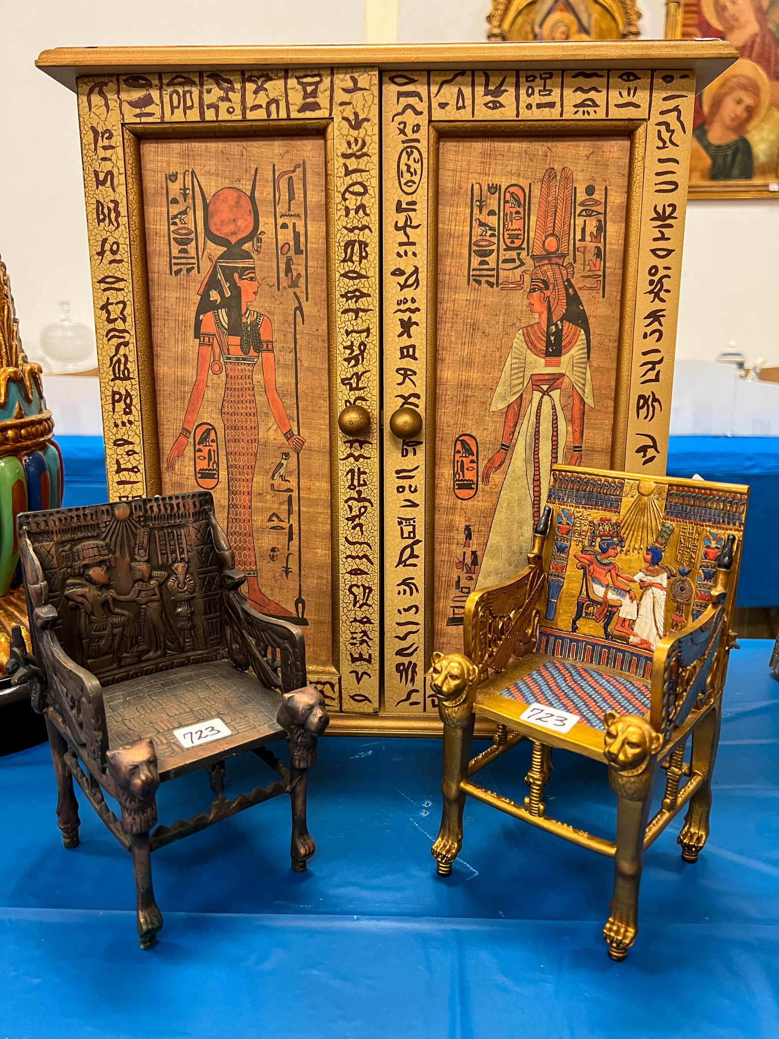 Hand Painted Over Bronze Egyptian Throne Chair, a Resin Throne Chair, and an Egyptian Double Door (1 of 4)