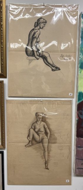 2 Sinclair Wisconsin listed artist nude female charcoal drawings: 2 Sinclair Wisconsin listed artist nude female charcoal drawings dated 1951