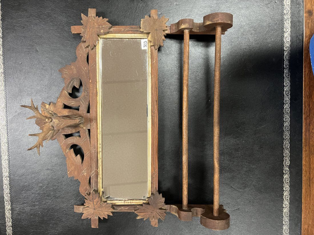 Walnut Victorian towel rack with mirror and carved deer head (1 of 3)