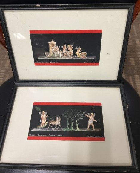 Miniature Watercolors Italian Artist Signed: Miniature watercolors - Italian artist signed - depicting the wall paintings of Pompeii by Mario G Zaziano. Framed, they measure 10.5 x 7.25.