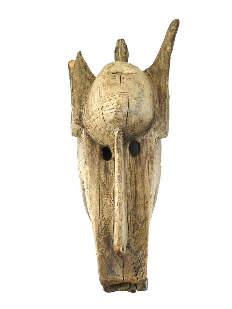Kore Secret Society Mask, Bamana tribe, from Mali,: Kore Secret Society Mask, Bamana tribe, from Mali, obtained in Burkina Faso, 1969, signs of wear include sweat stains, old scarification pattern, and attachment holes, measures , est. value 500.