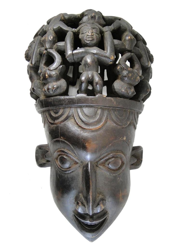 Dance Mask, Bamileke tribe, from Cameroon, obtaine: Dance Mask, Bamileke tribe, from Cameroon, obtained in Washington D, 19?, Excellent example of beautiful Bamileke head crest; signs of age and wear, measures 19"Hx12"Wx10"D, est. value 800.