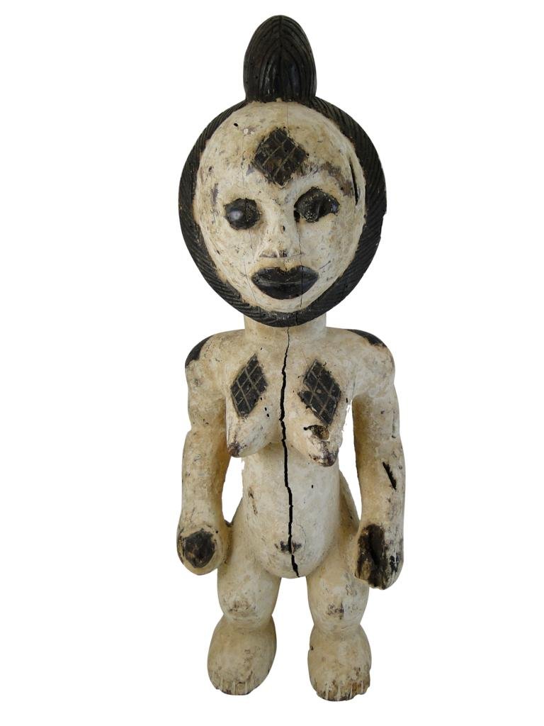 Female Ancestor Statue, Punu tribe, from Gabon, ob: Female Ancestor Statue, Punu tribe, from Gabon, obtained in West Africa 1969, Pre 1950 statue with the losses expected in a piece with great age and supporting patina, measures 24"Hx8"Wx7"D, est. valu