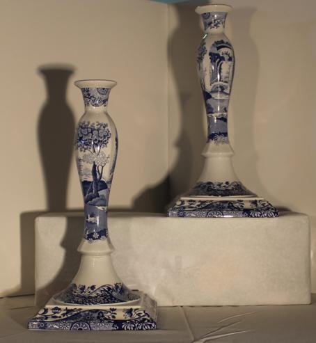 Pair of Spode Blue Italian tall candlesticks. Each: Pair of Spode Blue Italian tall candlesticks. Each measures approx. 13" tall with square bases. Est. price- $
