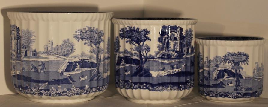 3 Spode Blue Italian ribbed, graduated cache pots : 3 Spode Blue Italian ribbed, graduated cache pots measuring 5" tall, 6.5" tall, and 7" tall.