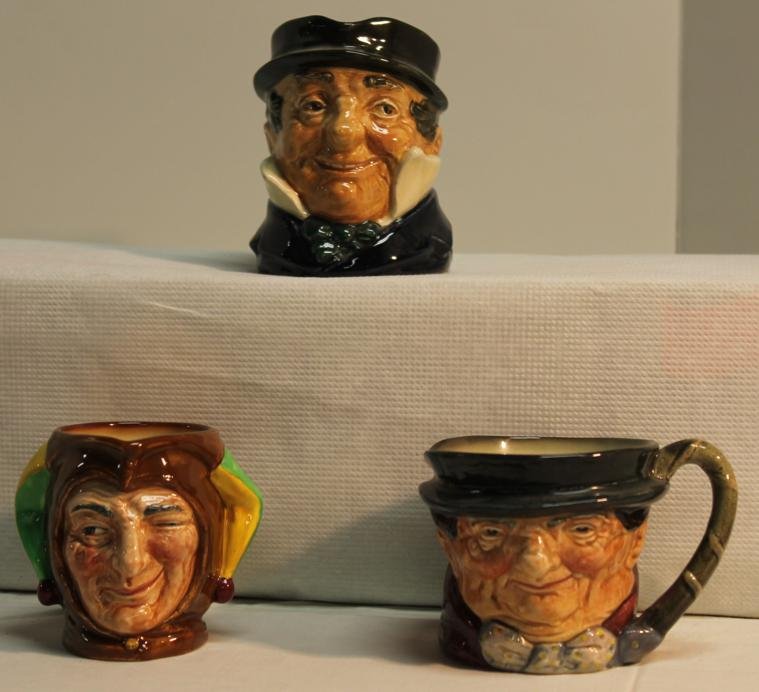 Lot of 3 Royal Doulton Toby mugs. 1) "Capn Currle": Lot of 3 Royal Doulton Toby mugs. 1) "Capn Currle" Measures approx. 4 inches tall. 2) Tony Weller Measures approx. 3 inches tall old mark. 3) Jester Measures approx. 3 inches tall "A mark".