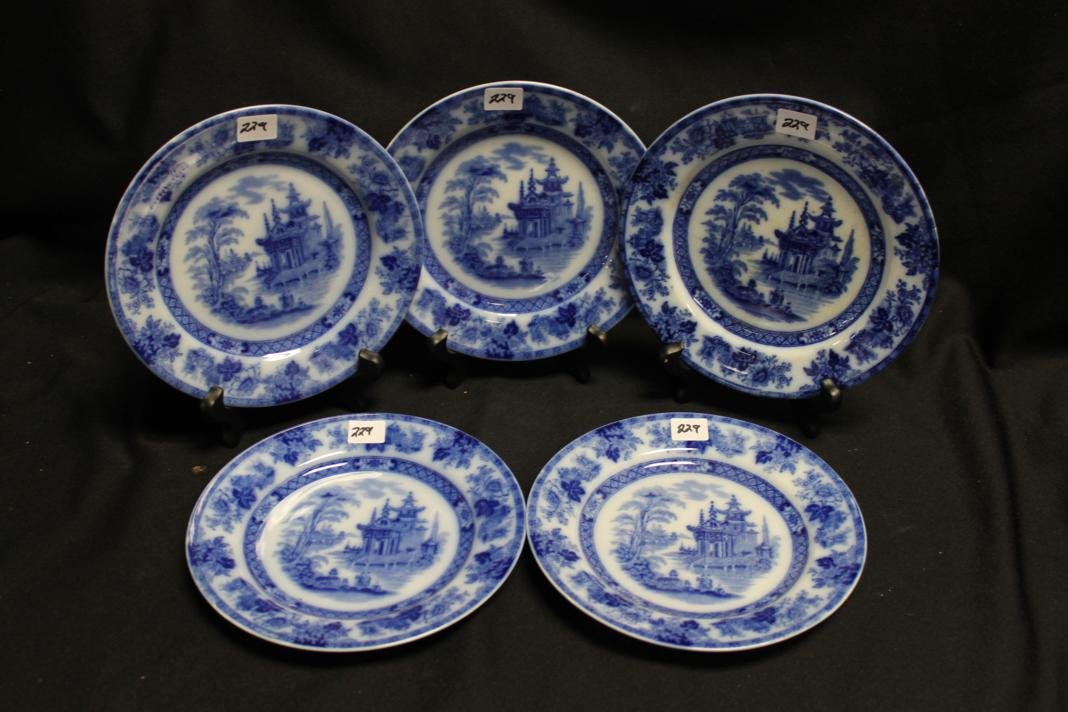 Lot of 5 Royal Doulton "Madras" flow blue bread an: Lot of 5 Royal Doulton "Madras" flow blue bread and butter dishes each 7-1/4" wide. One with sm. rim chip on underside.