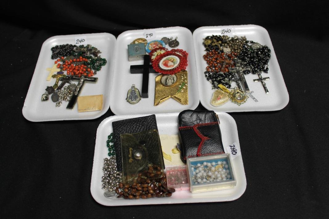 Lot of vintage religious memorabilia to include ro: Lot of vintage religious memorabilia to include rosaries (crystal, wooden, glass beads), crosses, religious medals, pill box, etc.