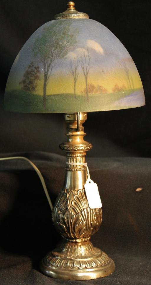 Quality reverse painted shade w/ silver over bronz: Quality reverse painted shade w/ silver over bronze. Attributed to Pairpoint.
