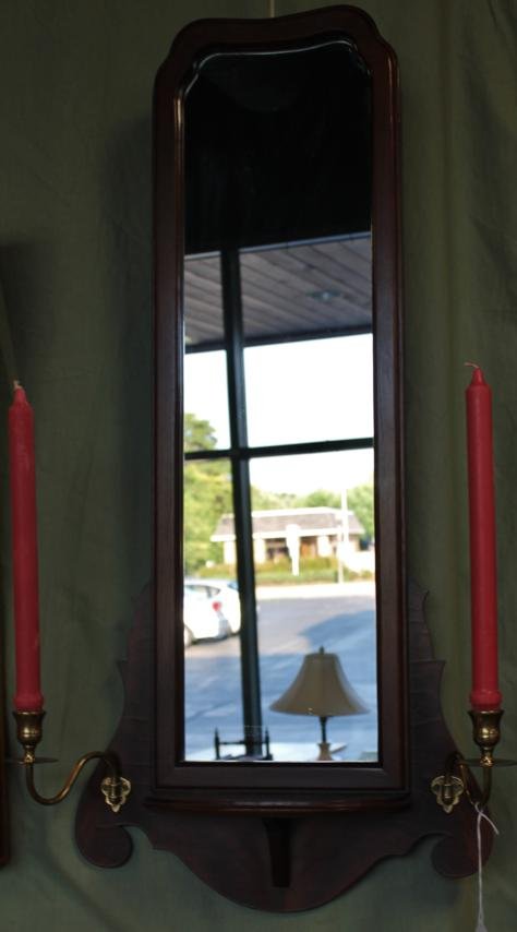 Pair of mahogany tall mirrors each with a display : Pair of mahogany tall mirrors each with a display shelf & 2 brass candlesticks. ? Hickory Chair?