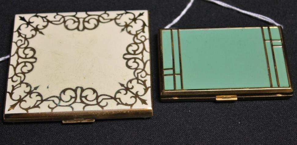 2 vintage compacts.by Elgin American. 1.) Cream en: 2 vintage compacts.by Elgin American. 1.) Cream enamel on gold tone base. 3" x 3-3/8" 2.) Green enameled compact on gold tone base. 3" x 2"