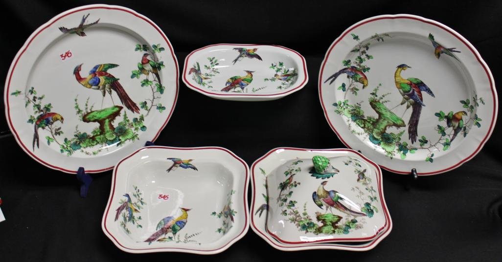 Lot of 5 Spode Chelsea Bird china serving pcs.- 1 : Lot of 5 Spode Chelsea Bird china serving pcs.- 1 open vegetable bowl, 9" x 6-3/4" x 1-1/2" deep, 2 round chop plates @ 12.5" each, 1 covered casserole w/ artichoke top, 9.5" square x 2.5" deep withou