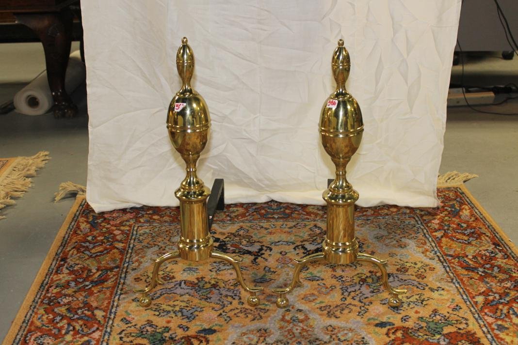 Pair of Colonial Williamsburg HARVIN foundry mark,: Pair of Colonial Williamsburg HARVIN foundry mark, brass Double Lemon Andirons. 23" high. CW 100-2