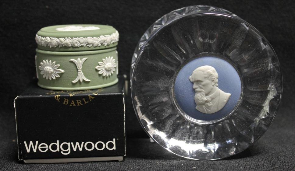 Lot of 2 Wedgwood pieces. 1.) Cut crystal paperwei: Lot of 2 Wedgwood pieces. 1.) Cut crystal paperweight w/ Blue & white Jasperware medallion of an unidentified gentleman. 3" round x 1.75" high AND small Wedgwood green & white jasperware covered pill