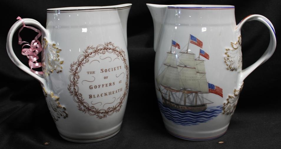 2 Mottahedeh jugs. 1.) "Old Maritime Heritage".9" : 2 Mottahedeh jugs. 1.) "Old Maritime Heritage".9" 2.) "Golfer's Pitcher" 9".