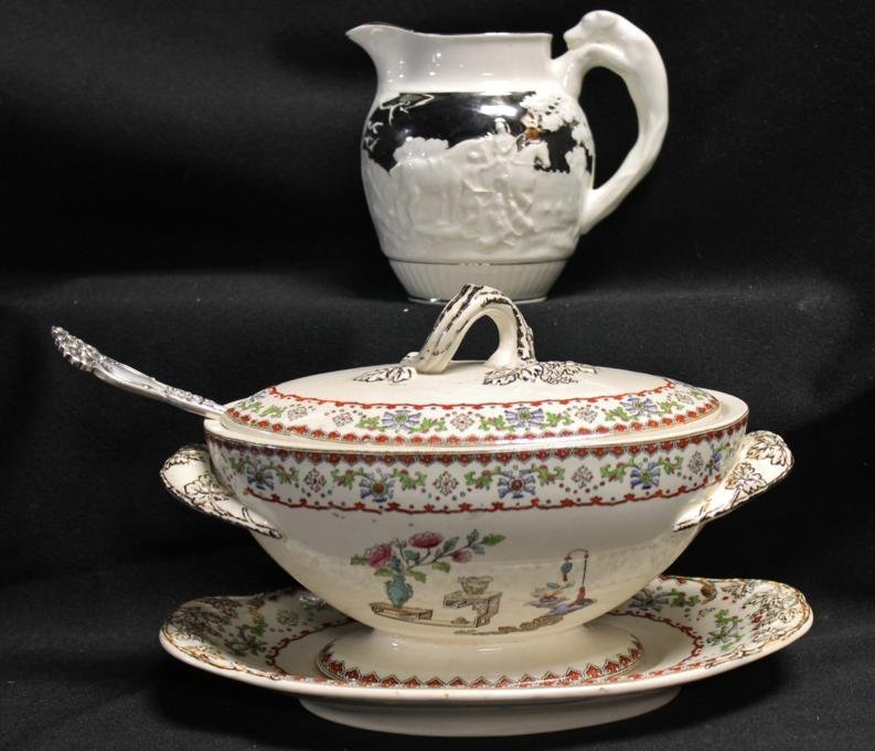 Copeland covered casserole 7.5" long & underplate : Copeland covered casserole 7.5" long & underplate w/ large scalloped quadruple plate serving spoon- 9" and Wedgwood silver luster on cream hunting scene cream pitcher.