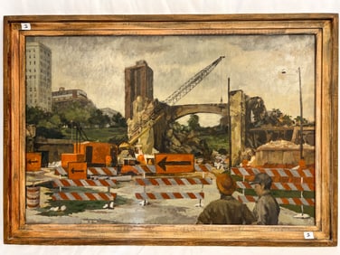 Robert Schellin Oil on Board of the Demolition of the Milwaukee Art Center Bridge